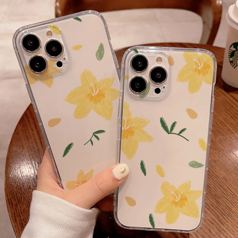 

Pastel Flower Leaves Clear Phone Cases For iPhone 11 12 13 Pro Max Mini X XR XS Max SE 2020 8 7 6 6S Plus Soft Silicone Cover