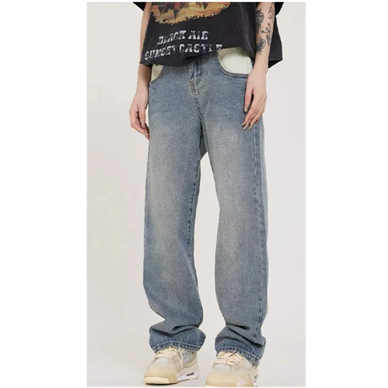 Streetwear Men American Vintage Loose Blue Jeans 2022 Autumn and Winter New Pattern Fashion Straight Cylinder Trousers Female