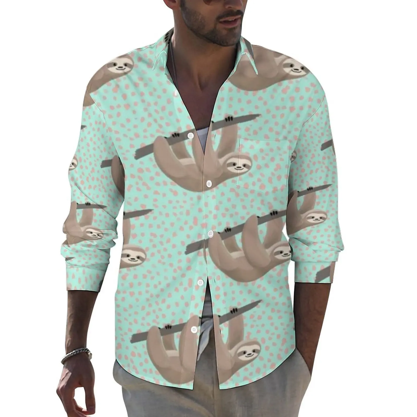 

Персиковые ленивые повседневные рубашки, мужская Милая рубашка с принтом в горошек, модные стильные блузки с длинным рукавом, осенняя индивидуальная одежда женская 3XL 4XL