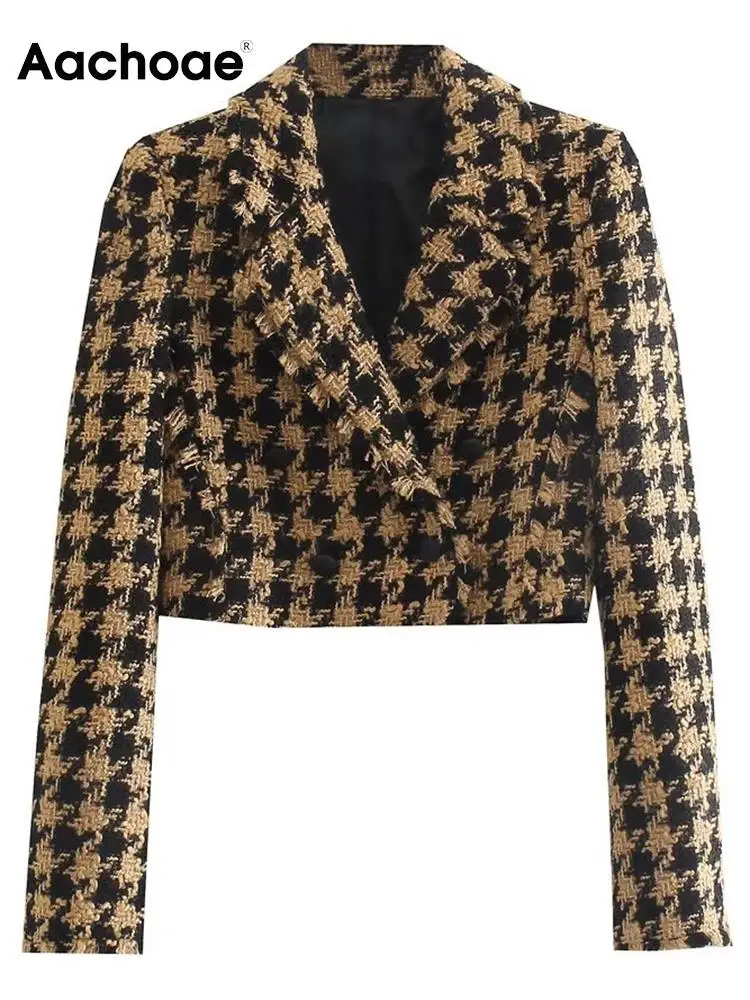 

Aachoae Women Vintage Houndstooth Printed Blazer Suits Casual Notched Collar Long Sleeve Coats Ladies Double Breasted Coats