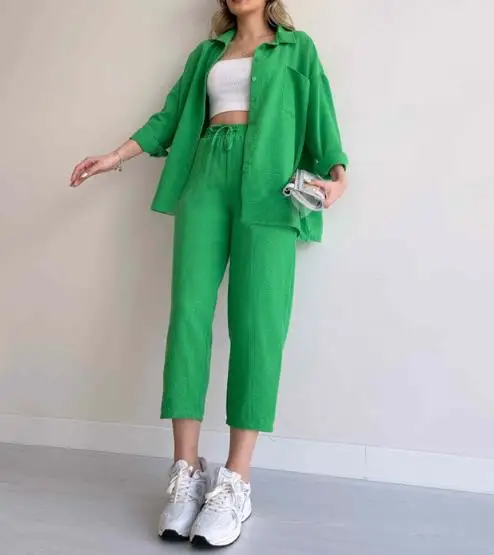 

Two Piece Sets Womens Outifits 2023 Spring Fashion Turn-Down Collar Long Sleeve Pocket Shirt & Casual Sports Harem Pants Set