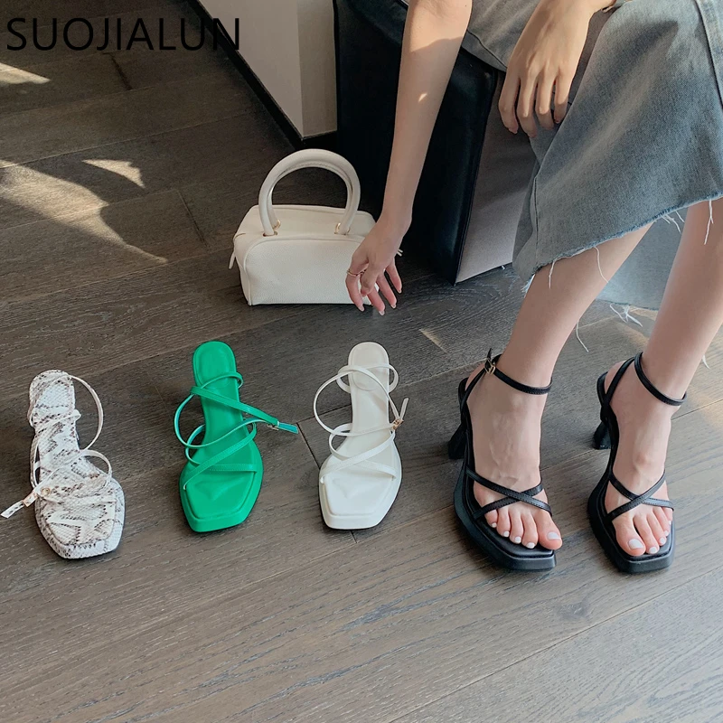 

Сандалии SUOJIALUN женские на высоком каблуке, модные туфли-гладиаторы с ремешком на щиколотке, туфли-лодочки с узким ремешком, Уличная обувь с п...