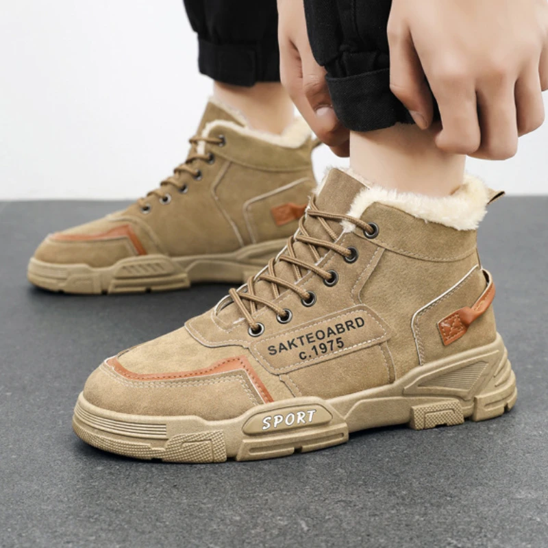 Мужские ботинки 2024 зимние новые плюшевые рабочие на толстой подошве со шнуровкой