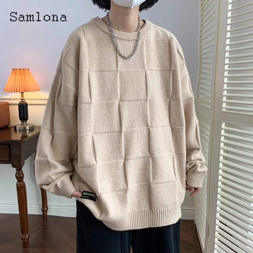 Samlona Plus Size 4xl Men Kpop New Knitting Sweaters Winter Long Coats Mens Patchwork Top Cardigans Loose Pleated Sweater 2022