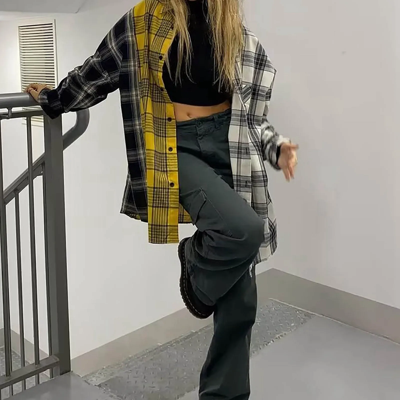 

Harajuku Streetwear All Match Plaid Print Blouse Tops Korean Fashion Turn Down Collar Long Sleeve Button Up Shirts Women Clothes