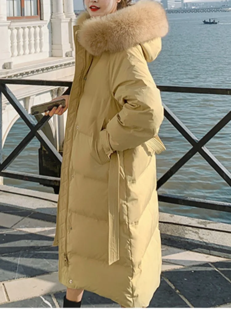 New Winter Quilted Warm Midi Women's Cotton Down Coat Office Lady Elegant Solid Fur Collar Long Overcoat 2022 Fashion
