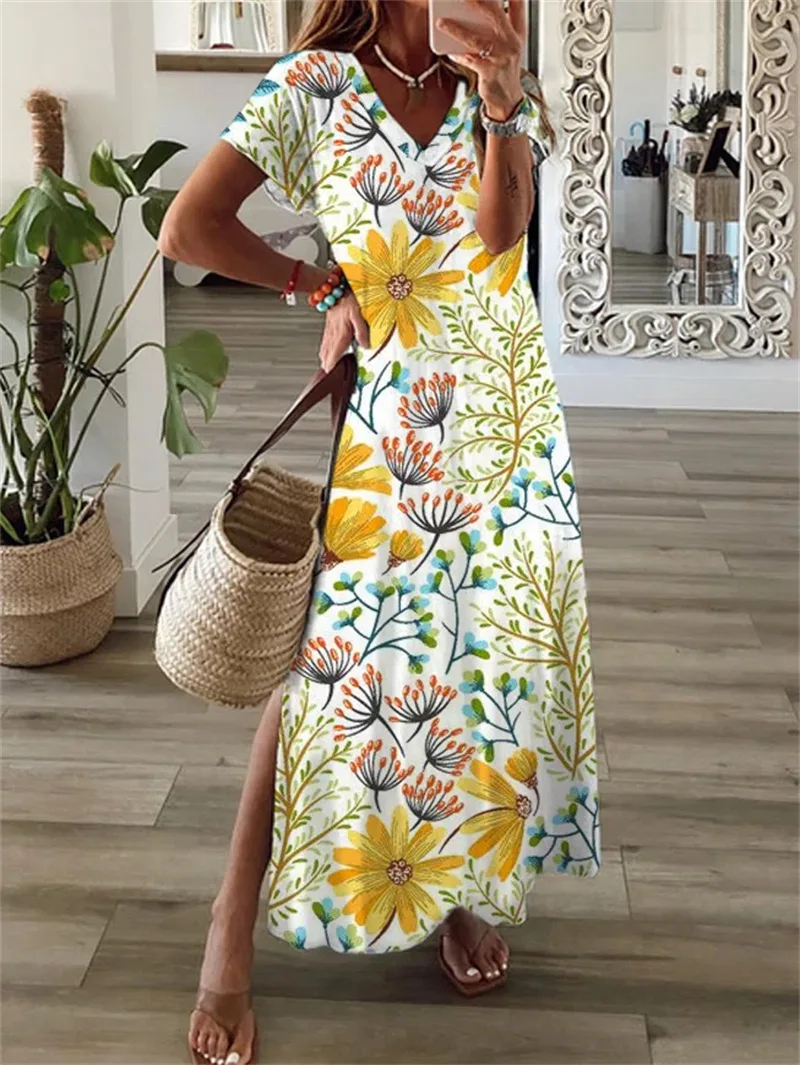 

sexy V-Neck Women Dress Summer New Floral Print Short Sleeve Elegant Party Personalized Graffiti Gradient Female Maxi Dresses