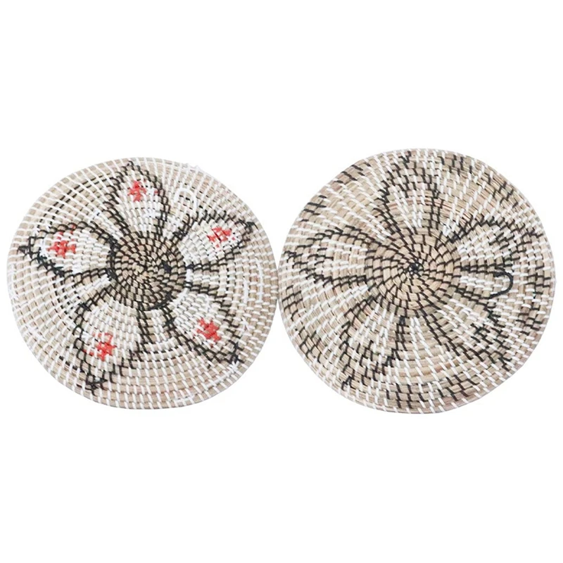 

2 PCS Wall Basket Decor Flat Basket Round Serving Platter Round Boho Seagrass Decorative Bowl For Unique Gift