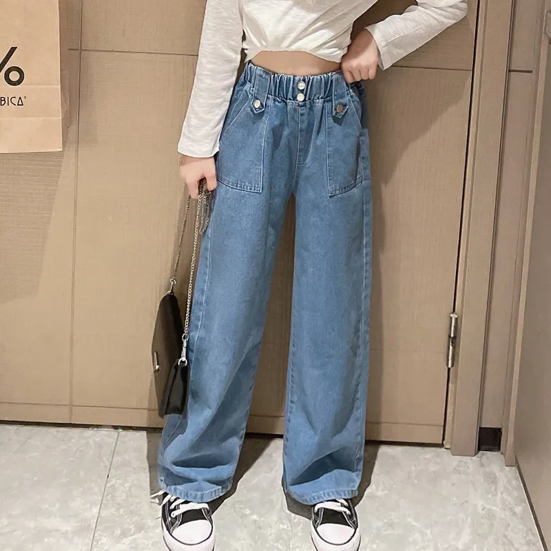 

New Autumn Teen Girls Jeans High Waisted Wide Leg Pants Children's Loose Korean Blue Denim Pants Casual Style Trousers Clothes