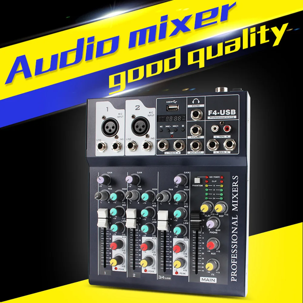 New Sound Mixer F4 4 Channel Professional Audio Mixing Console With USB Recording 48V Phantom Power Monitor Path