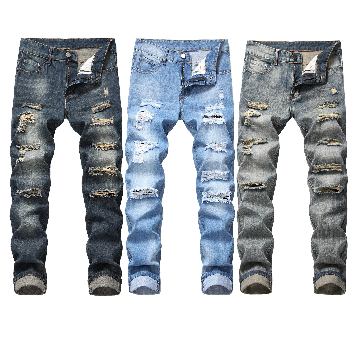 Ripped Jeans For Men Street clothes High Quality Distressed Straight Jeans Pants Brand Casual Male Trousers Blue 2022 New