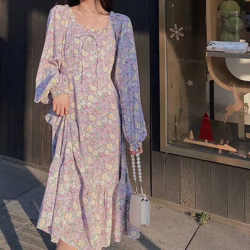 

Women 2021 Summer Purple Cottagecore Floral Midi Dress Vintage Dress New Korean Flower Elegant Strap Dress Female French Dress