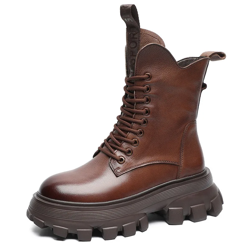

Platform Boots For Women Genuine Leather High-top Fashion Women's Shoes 2022 New British Style Lace-up Warm Short Boots Female