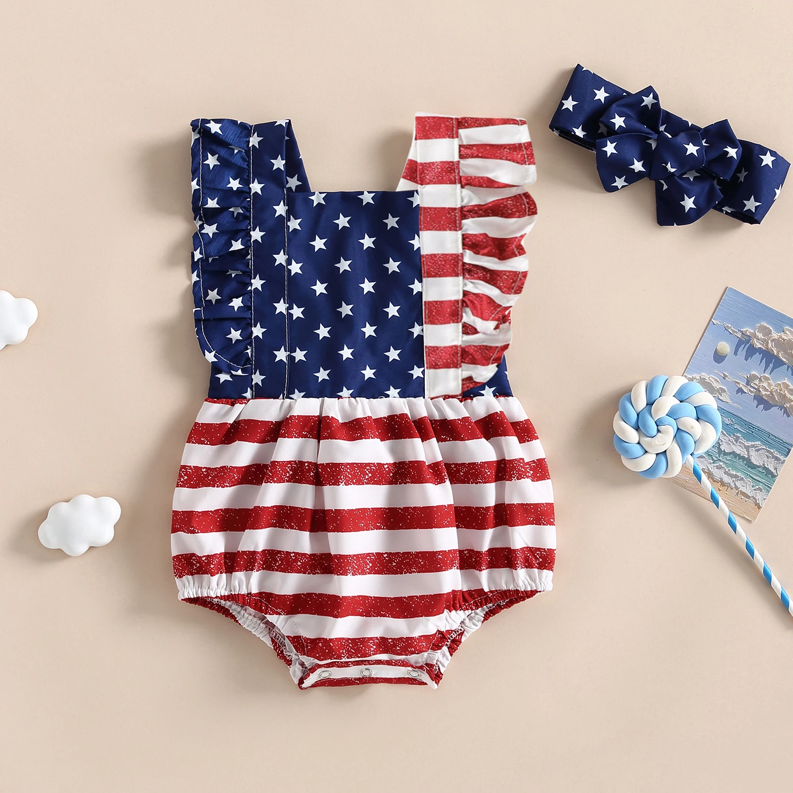 

New Fashion Baby Girl 4th Of July Outfits Sleeveless Backless Ruffle Romper With Headband Set 0-18 Months Hot Sale