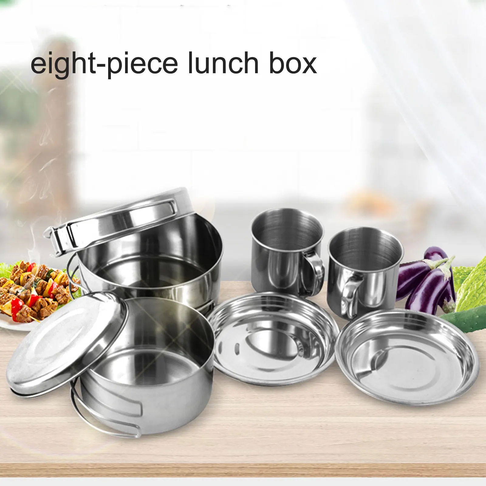 8pcs Stainless Steel Pot utensils camping kitchen mountaineering picnic portable cooking set bowls cauldron