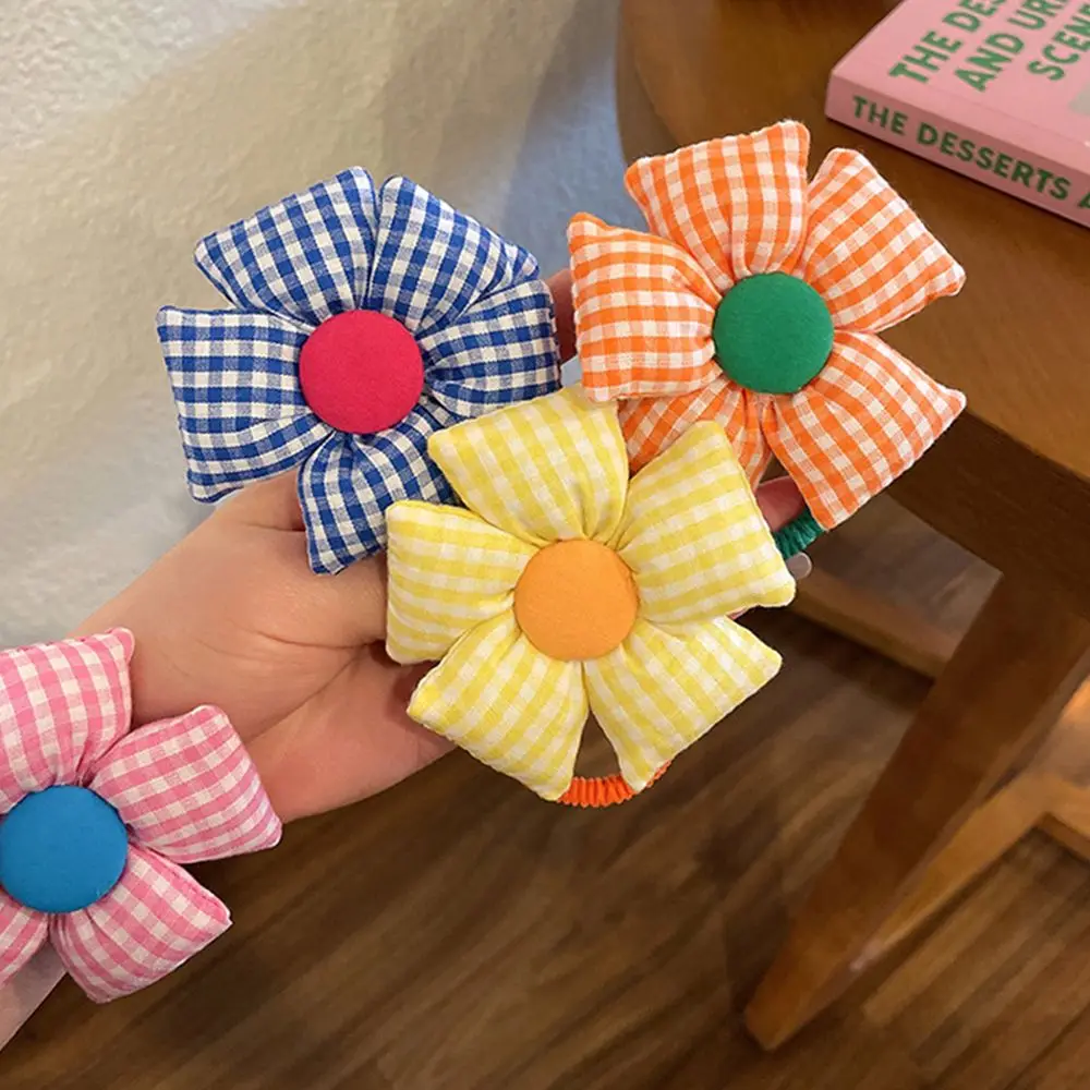 

Резинка для волос в виде подсолнуха для детей, тканевый аксессуар для волос в клетку с милыми цветами, сладкий держатель для конского хвоста