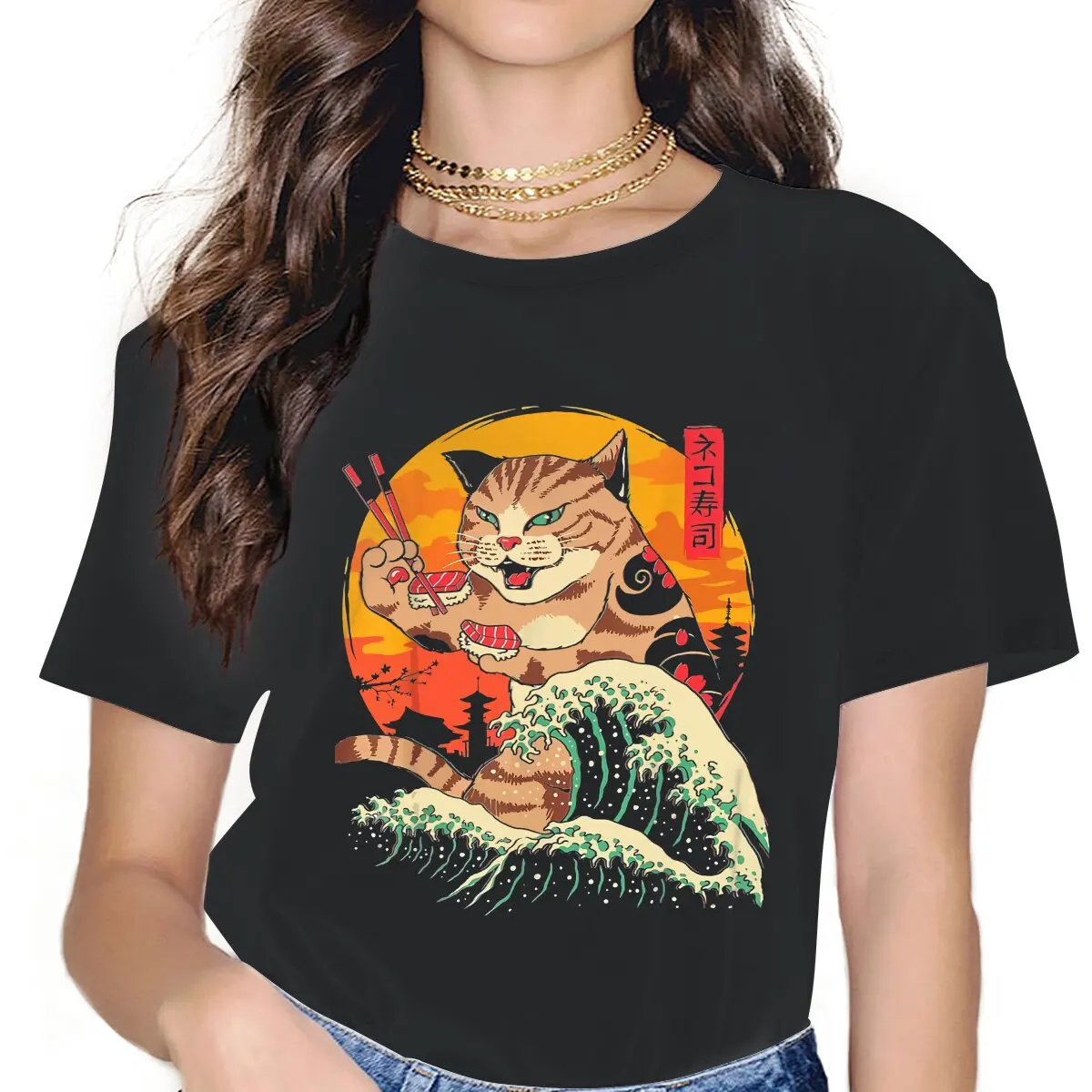 

Japanese Wave Sushi Female Shirts Cat Arts Retro Large Vintage Women Tshirts Harajuku Casual Feminine Blusas