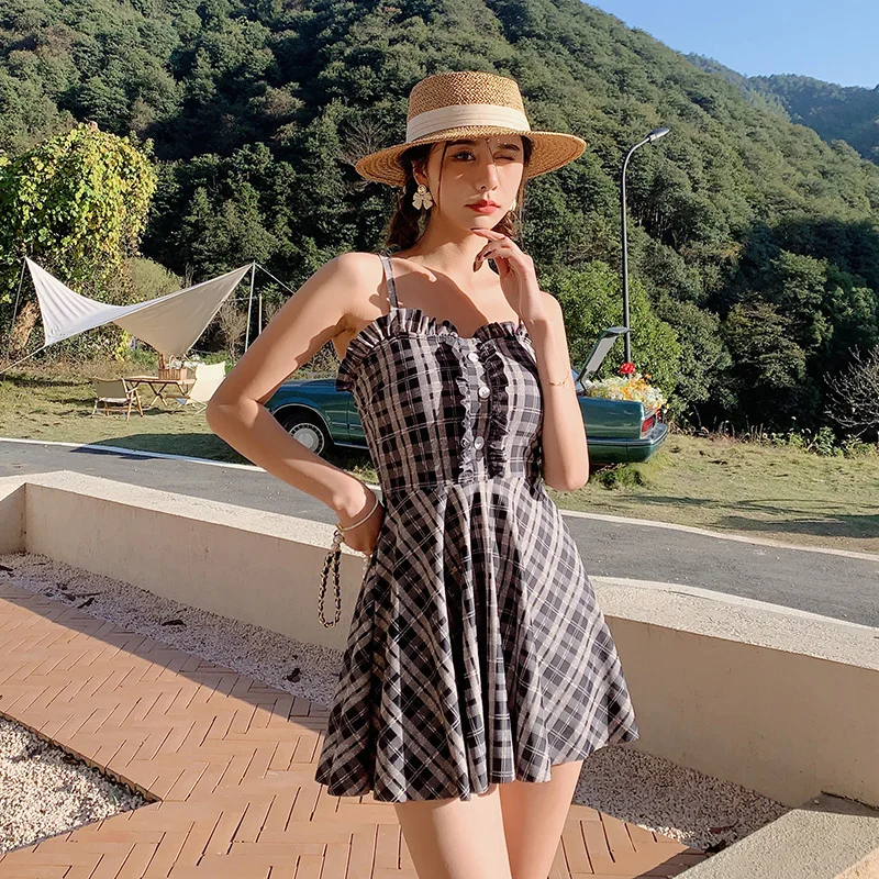 

Цельный купальник для женщин в клетку с высокой талией, кружевной, с открытой спиной, с открытыми плечами, цельная юбка, купальник для женщин, купальный костюм для женщин 2023