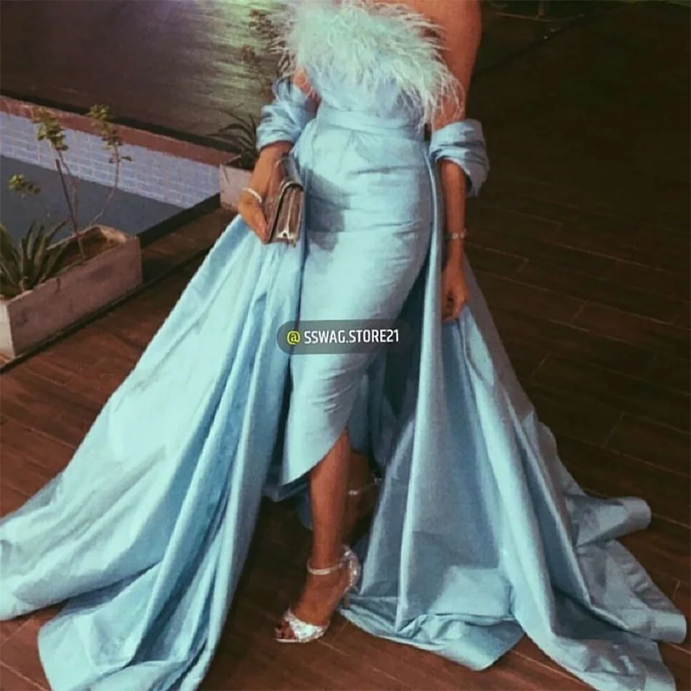 

Xijun Sky Blue Mermaid Saudi Arabic Evening Dresses Feathers Off the Shoulder Pleat Ruched Prom Dress Formal Party Gown