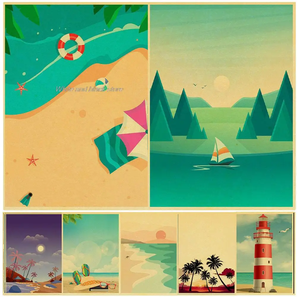 

Vintage Anime Style Sea Ocean Beach Posters Kraft Wall Art Print Painting Nordic Home Cafe Decoration