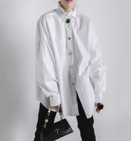 

SuperAen 2022 Autumn Coat Full Turn Down Collar Stand Collar Buttons Up White Black Shirts Women's Solid Fashion Loose Tops