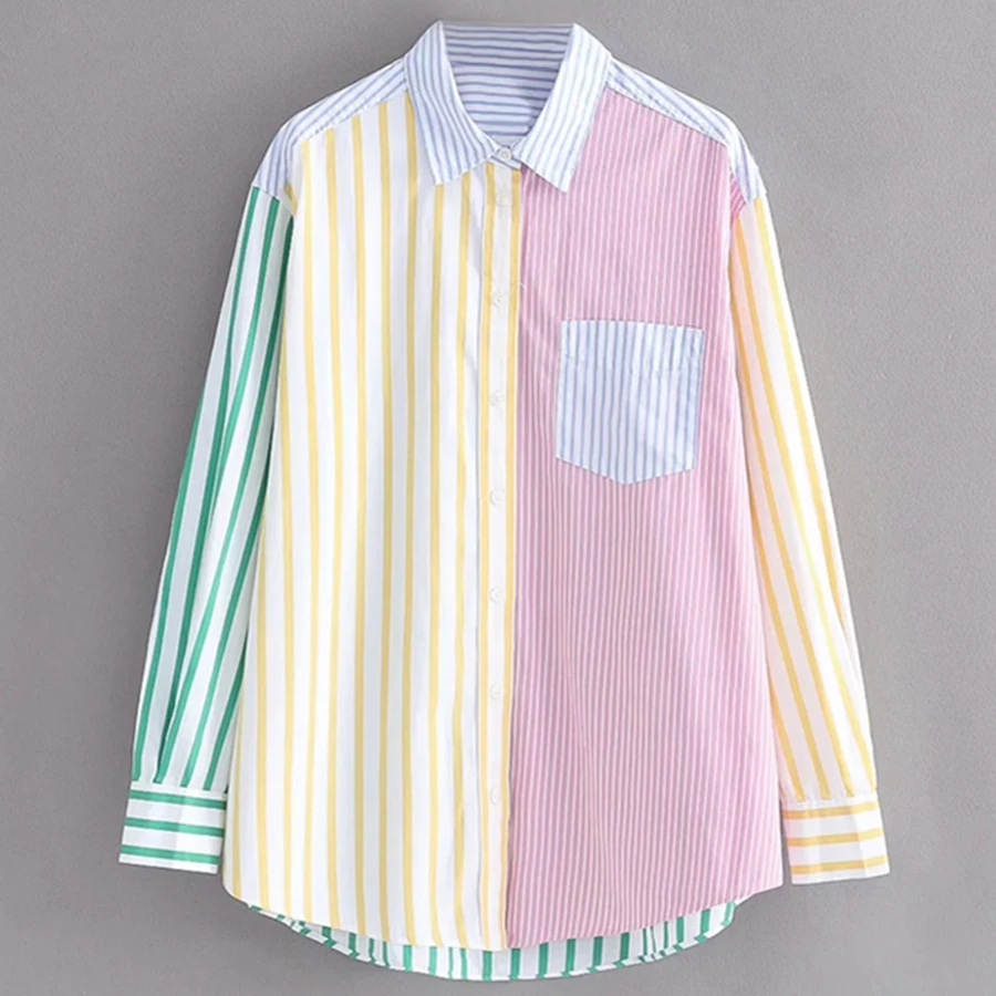 

Withered 2022 England Style High Street Fashion Patchwotk Stripe Shirt Drop Shoulder Loose Boyfriend Cotton Blouse Women Tops