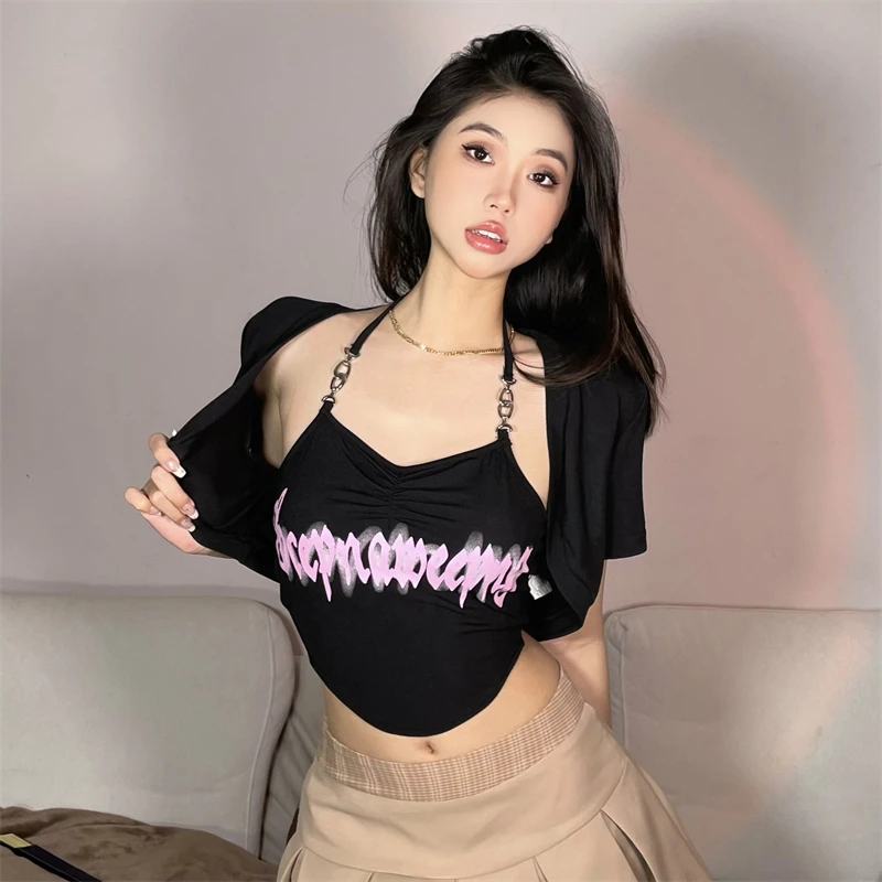 

#Sisjuly\it girl hot girl style cute letter print neck strap short sleeve covered meat T-shirt women's fashion
