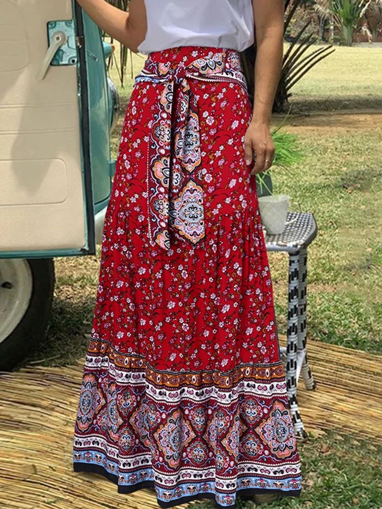 Fashion Floral Print Skirts Women Summer Vintage Elegant Pleated Long Skirts Boho Casual Bandage High Waist Holiday Beach Skirt