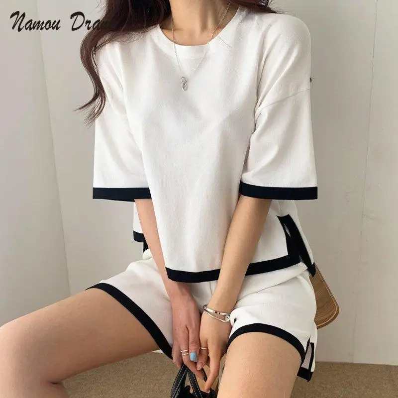 

Женский комплект из двух предметов Namou Drane, модный летний Повседневный Спортивный костюм с коротким рукавом, трикотажный топ, костюмы 2022