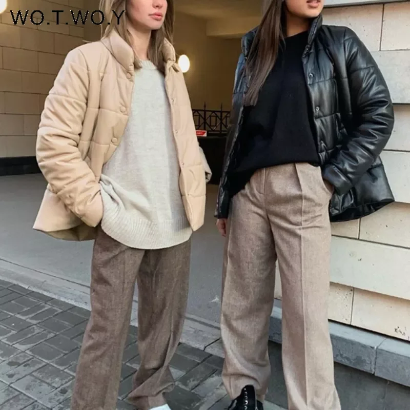 New2022 Cotton Liner Winter Leather Jacket Women Casual Thickening Padded Parkas Womens Loose Warm Black Coats Female Windbreake