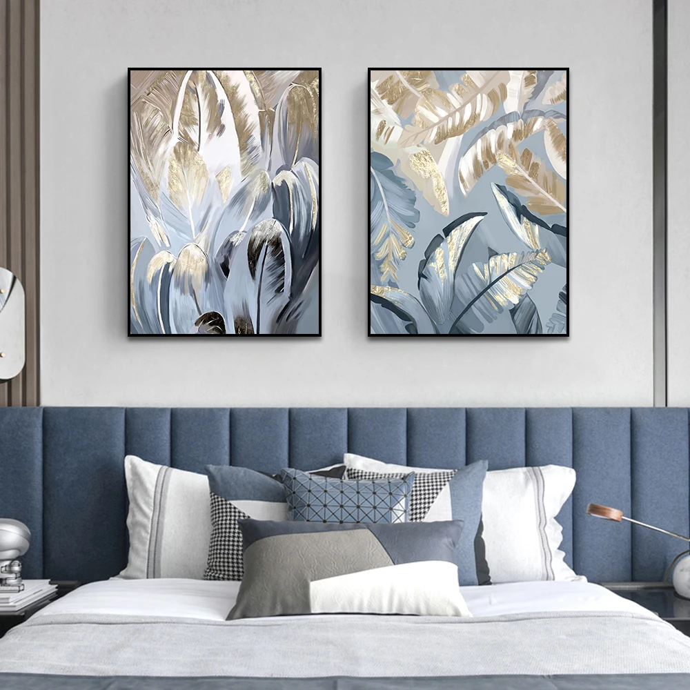 

Nordic Abstract Blue and Gold Palm Leaves Canvas Paintings Posters and Prints Wall Pictures for Dining Room Home Decor Unframed