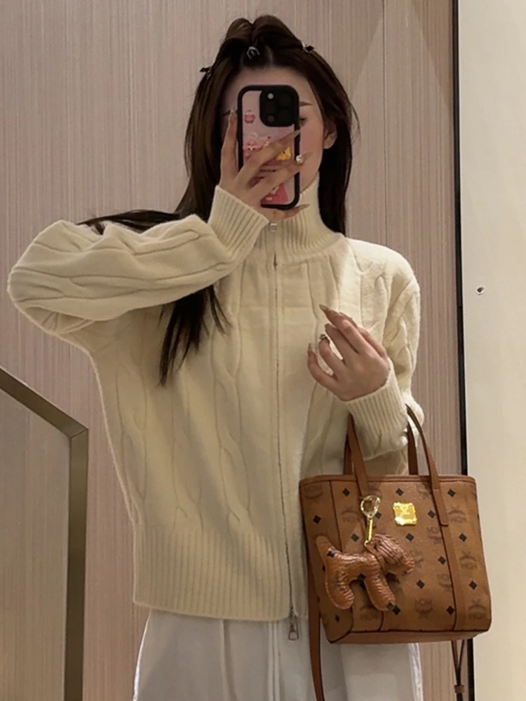 Purple Turtleneck sweater Outerwear Women 2024 Autumn and Winter New High-Grade Short Zip-up Knit cardigan Top Thickened