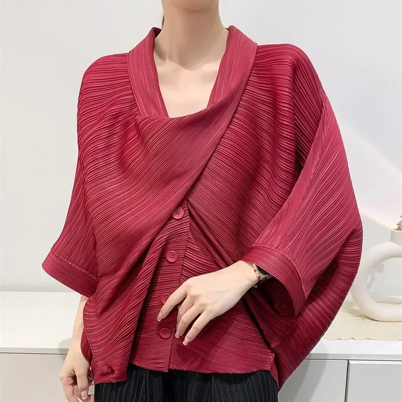 Фото Оригинальная плиссированная короткая куртка ALSEY Miyake для женщин, весна-лето 2024, новинка, Свободный Повседневный Топ с рукавом в семь минут и воротником-шарфом №3