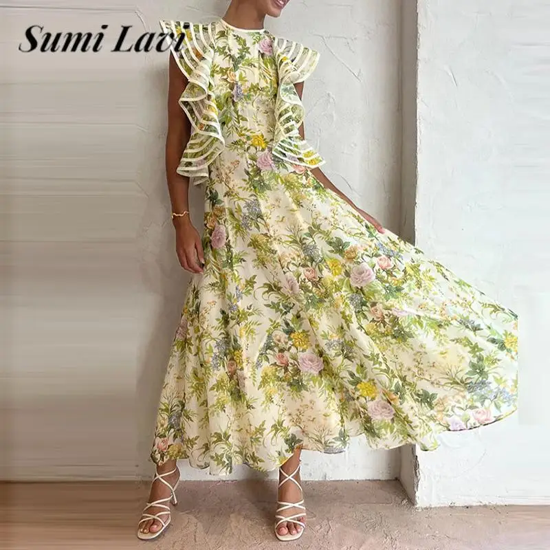 

Pastoral Chic Design Women's Elegant Dress Sexy Pleated Ruffle Backless Long Dress Fashion Ladies 3D Flower Print Lace Up Dress
