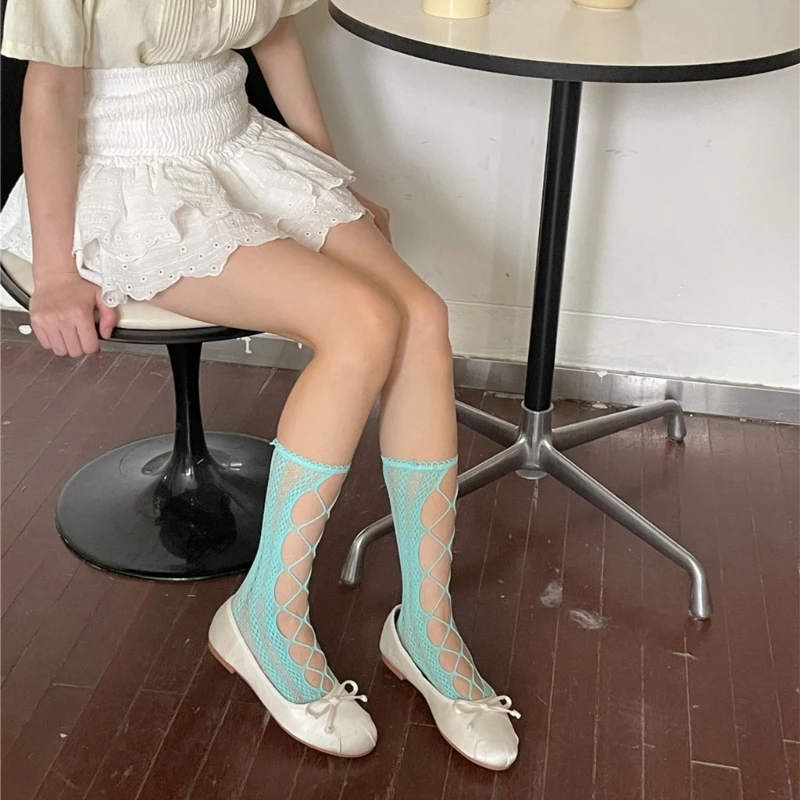 Для женщин и девочек летние носки бинты ажурные по колено однотонные эластичные