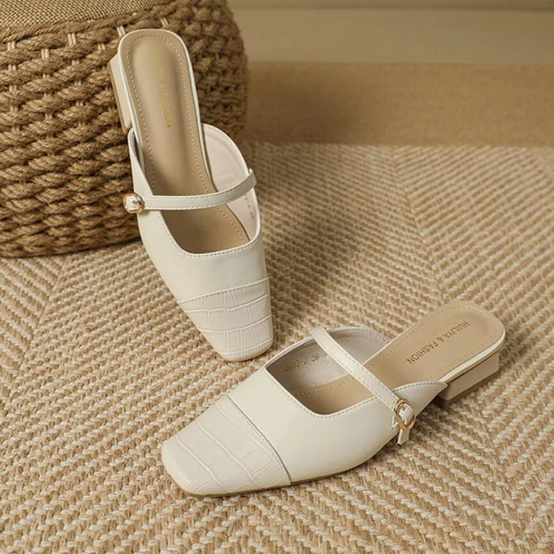 

Women's French Elegant Dress Single Shoes Bao head half slippers female Summer Slip-on Mules Slides Loafers Shoes High Quality