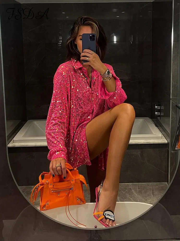 Блузка женская однобортная оверсайз с блестками пикантный розовый топ Клубная