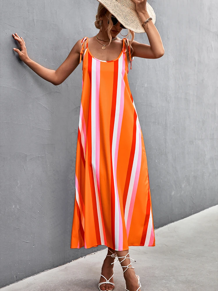 

Boho Sexy Floral Dress Summer Vintage Casual Sundress Female Beach Dress Midi Button Backless Polka Dot Striped Women Dress 2022