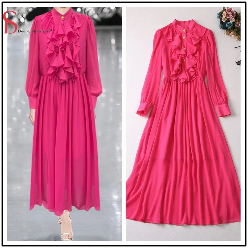 

Quality High 2023 New Women's Spring and Summer Show Same Elegant Style Stand Collar Ruffles Waist Slim Party Long Dresses