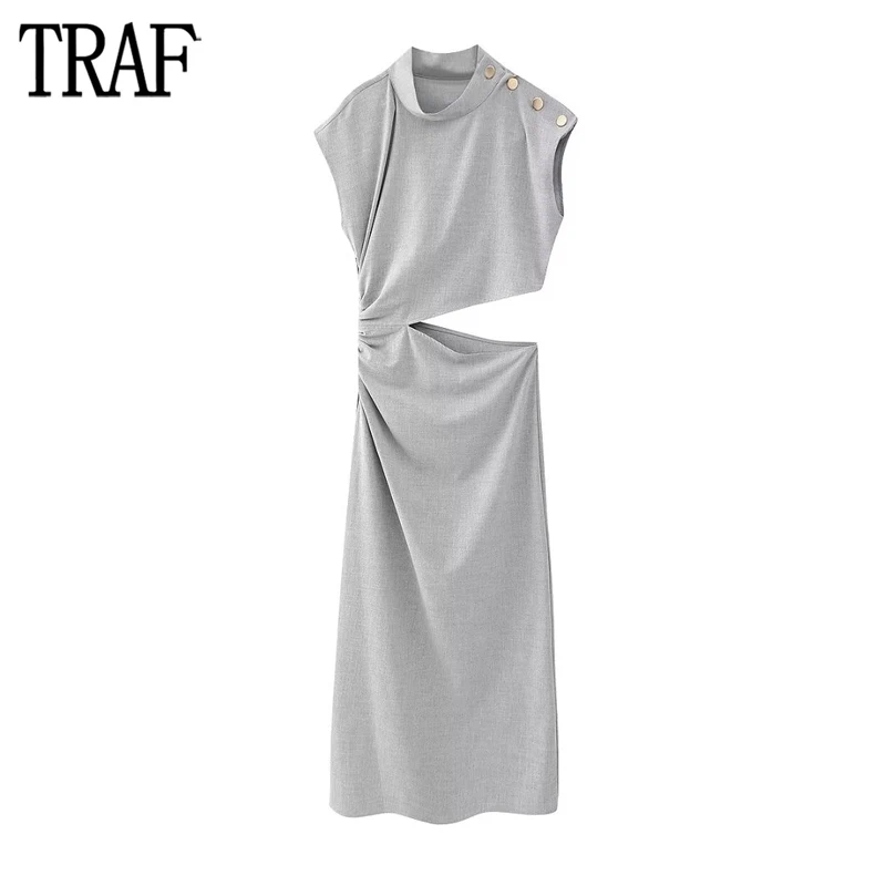 

TRAF Cut Out Long Dresses for Women Asymmetric Pleated Midi Dress Woman Short Sleeve Prom Dresses Women Autumn Gold Button Dress