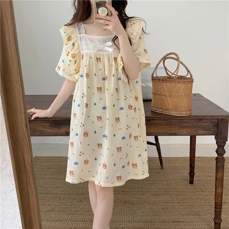 

Kawaii Bear Print Summer Nightgown Women Sweet Yellow Square Collar Sleepwear Cotton Night Dress Ruffles Cartoon Homewear