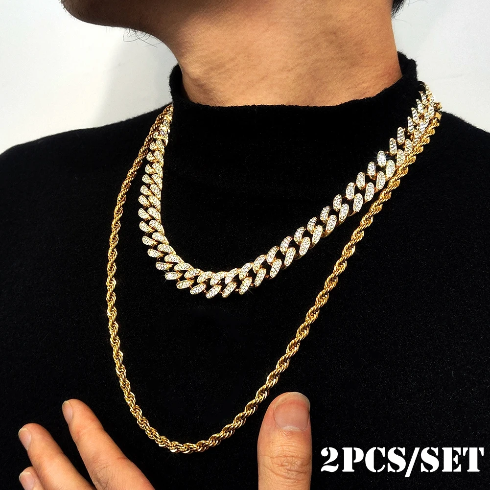 

2PCS Iced Out Cuban chain & Stainless steel Rope Chain Set Necklace Pair With Plush Cloth Bag Box for Men's Hip Hop Jewelry Gift