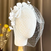 hair tiara with veil white flowers headband wedding bridal birdcage veil vine tiara wedding hair accessories bride headband