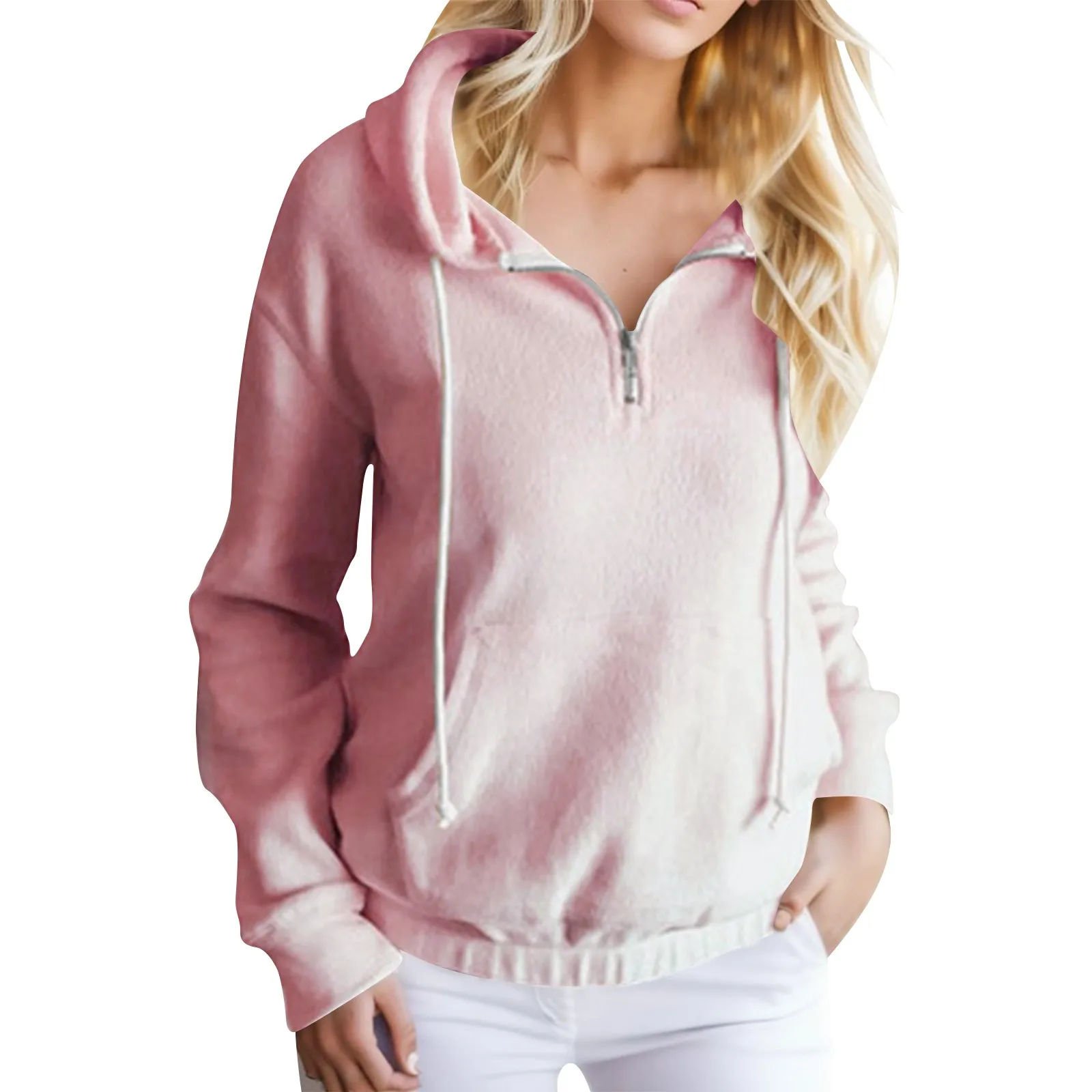 

Cozy Fleece Sweatshirt For Ladies Simple Pure Color Zipper Hoodie Long Sleeve Loose Fit Hooded Pullover Casual Daily Top Autumn