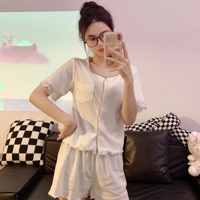 2023 summer 6535 cotton pajamas women sweet ins Korean style cardigan short sleeve shorts shorts loungewear two-piece outerwear