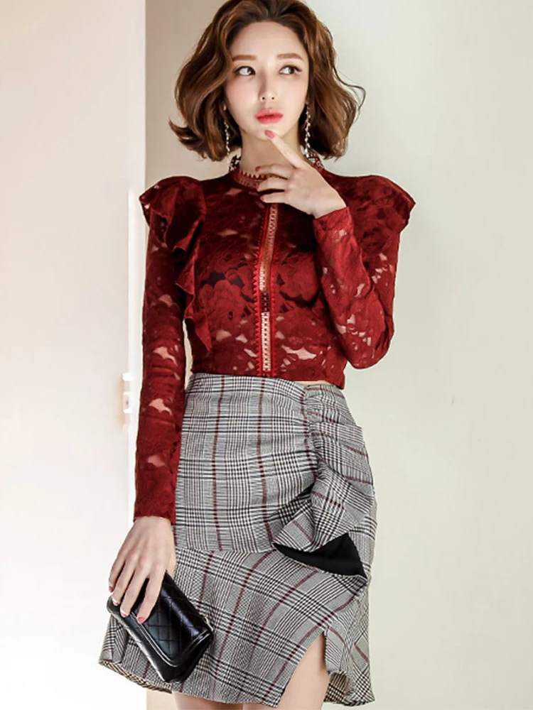 

new arrival fashion women wild lace perspective shirt temperament slim casual mini trumpet dress outdoor comfortable women set
