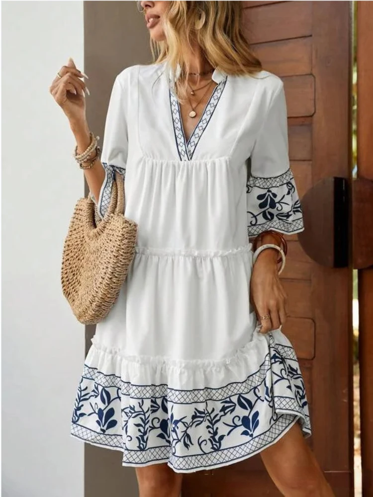 

Summer Marble Print Dress Women Elegant V-Neck 3/4 Flare Sleeve Knee-Length Mini Dress Ladies A-Line Boho Beach Dresses Vestidos