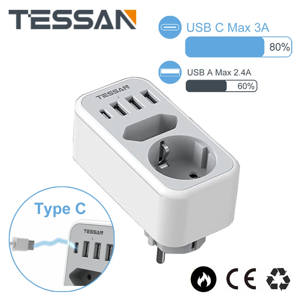

TESSAN EU Vertical Wall Socket Adapter with 2 Outlets 3 USB Ports & 1 Type C Plug, 6-in-1 Multi Outlets Power Strip for Home