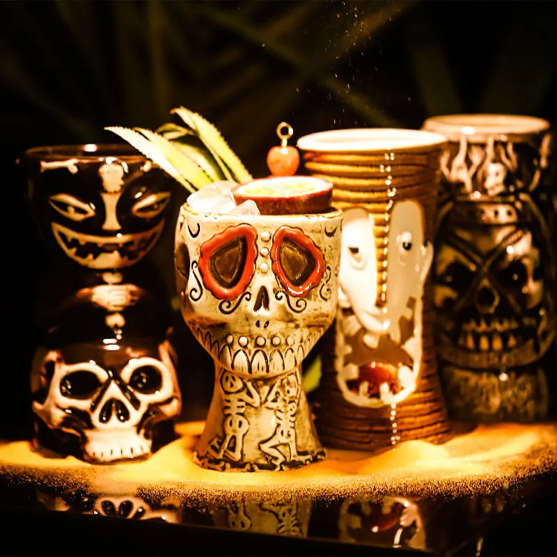 

350ml-700ml Ceramic Tiki Mug Creative Human Face Porcelain Beer Wine Cup Hawaii Easter Island Zombie Cocktail Glass Party Mugs