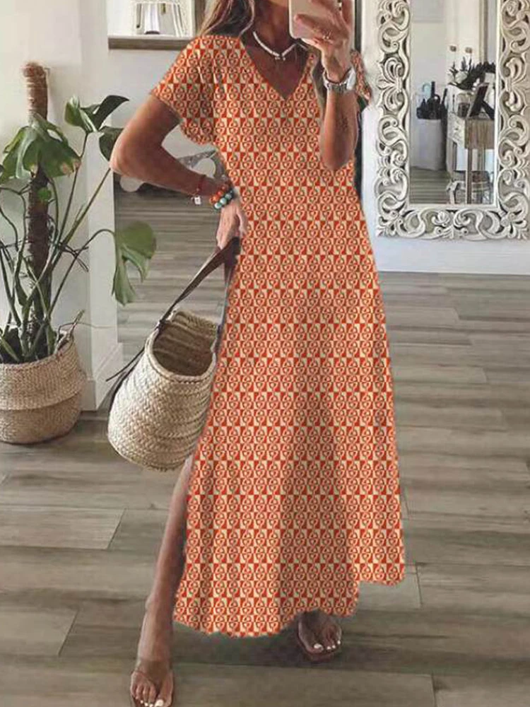 

Женское длинное платье с ромбовидным принтом, летнее элегантное Свободное платье с V-образным вырезом и разрезом, повседневное пляжное плат...